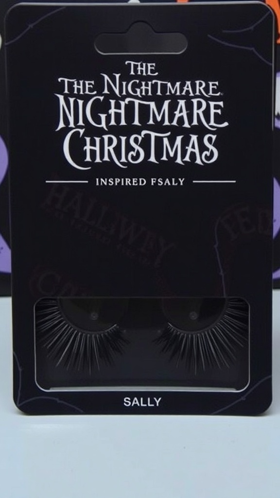 Sally inspired false lashes with dramatic length and volume on a dark background.